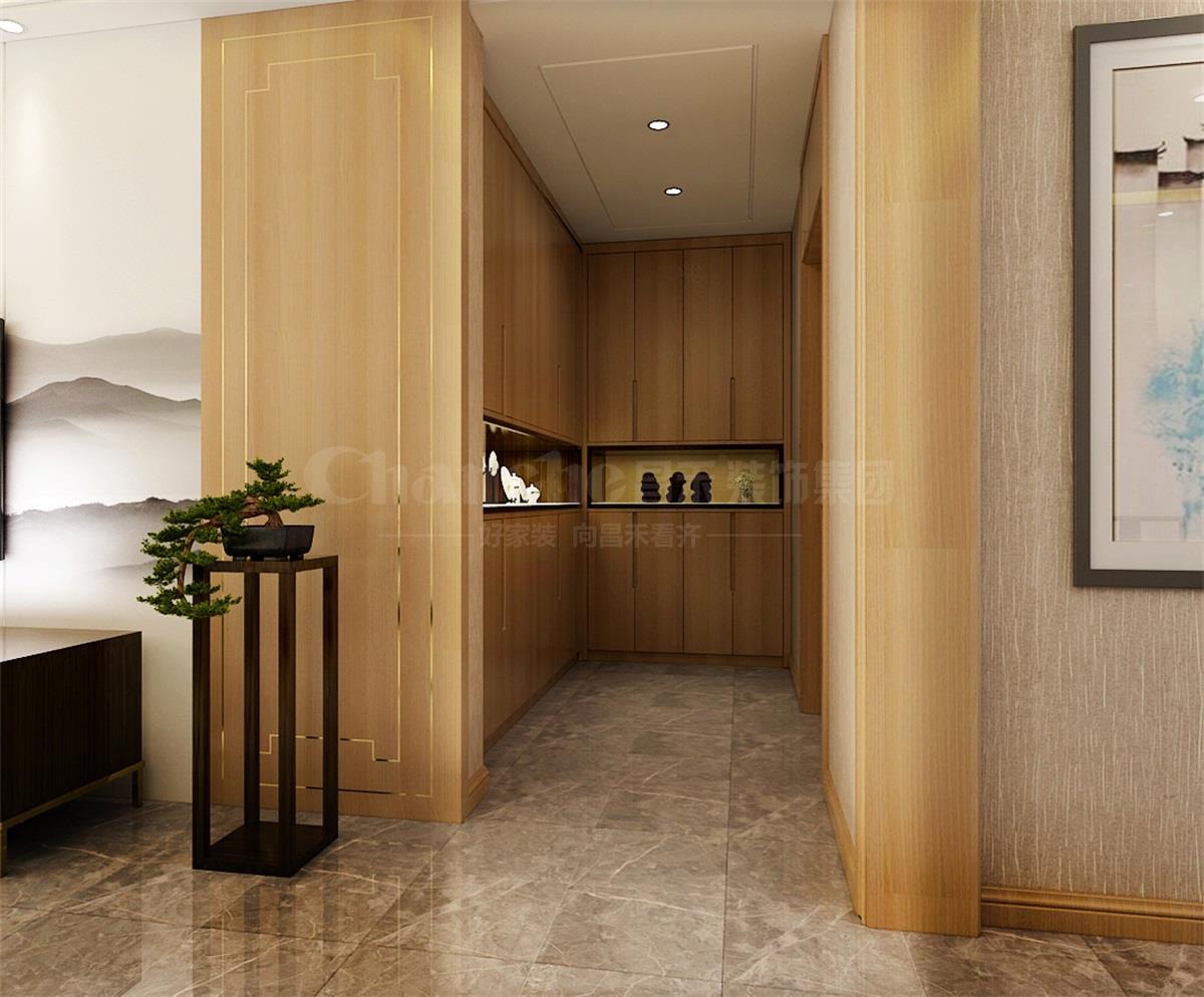 進(jìn)門處的鞋柜，既滿足了屋主的生活習(xí)慣，又體現(xiàn)出對自然人文古意的喜好之情。